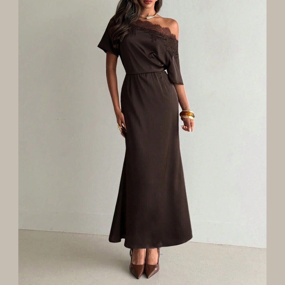 Brown Satin Lace Trim Asymmetrical Neck Maxi Dress